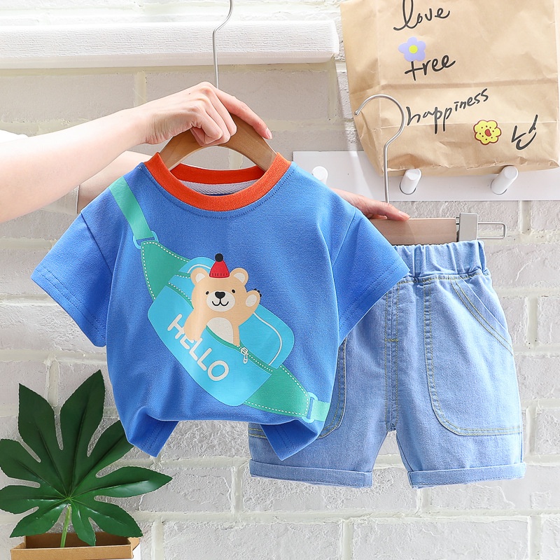 Setelan Anak Laki Laki ARCHIE Baju Set 2in1 Kaos dan Celana Soft Jeans Pendek Korean Style Import