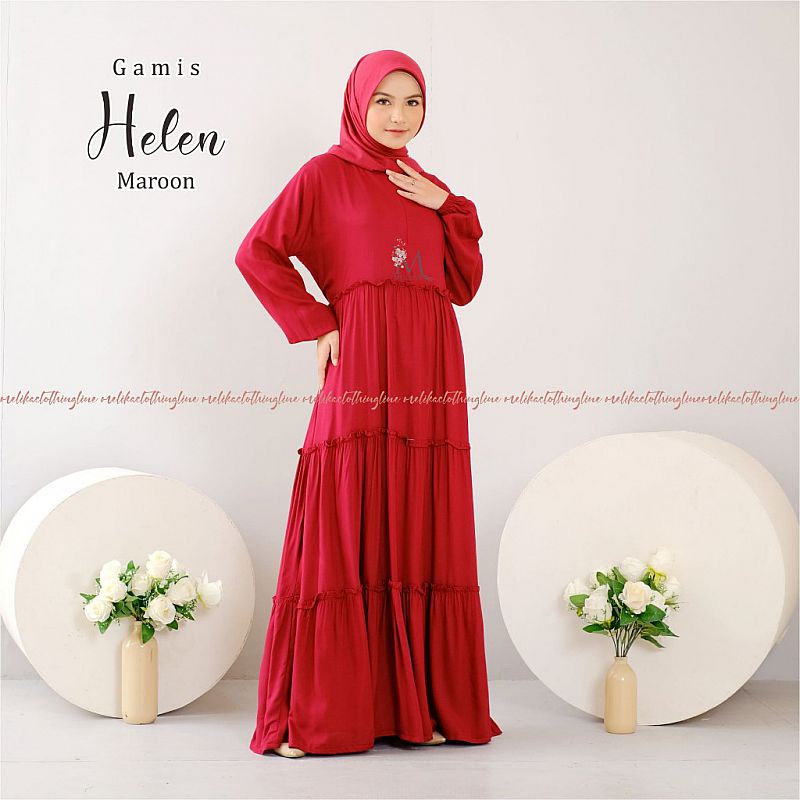 Gamis Rayon Dewasa Helen Polos Cantik Elegan Maroon Marun Merah Tua