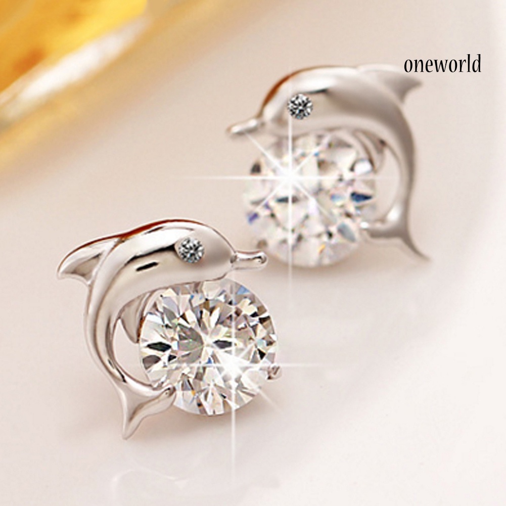 OW@ Cute Dolphin Silver Plated Cubic Zirconia Inlaid Ear Stud Women Earrings Jewelry