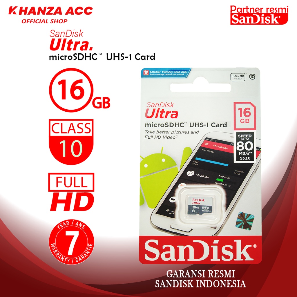 KHANZAACC Kartu Memori Hp Micro SD SANDISK ULTRA 16GB CLASS 10 Speed Up to 80MB/S Original Bergaransi Resmi