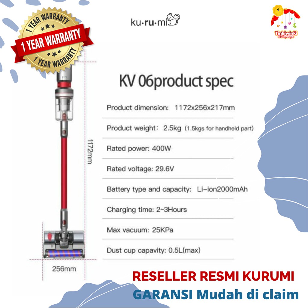 KURUMI KV06 powerful Cordless Stick Vacuum Cleaner include mop brush dan bed brush