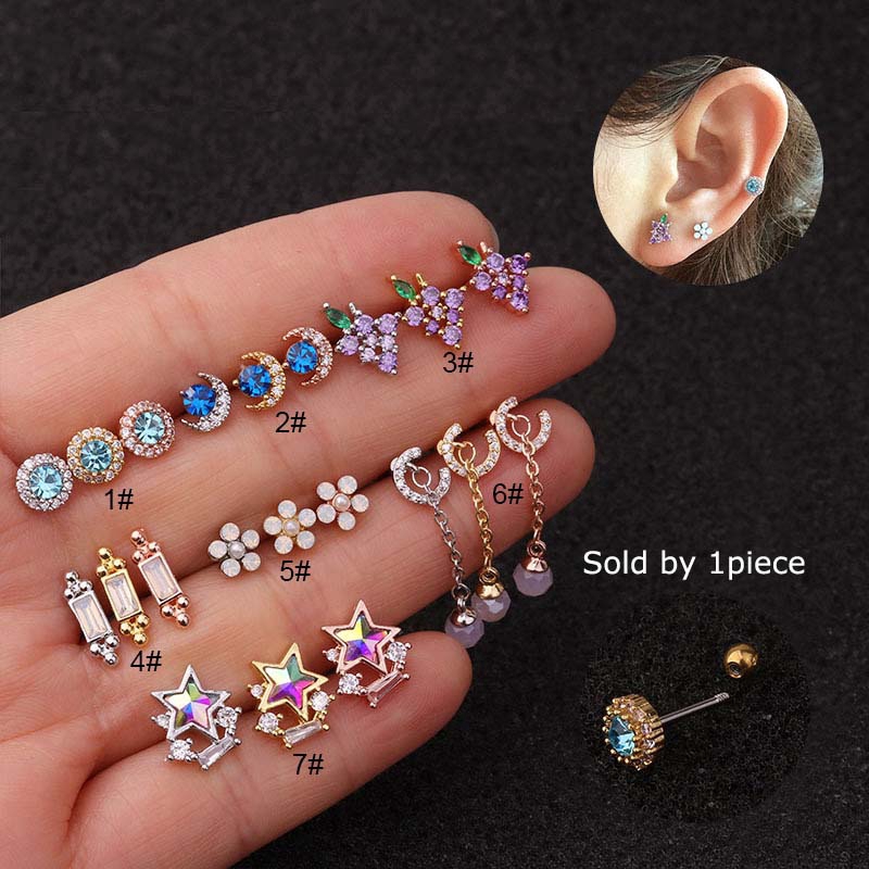 1piece Grape Moon Shape Cartilage Tragus Piercing Daith Pinna Helix Earrings 20G