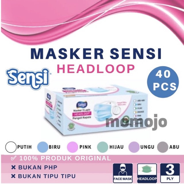 MASKER SENSI FACE MASK MASKER HIJAB 3 PLY HEADLOOP WARNA ISI 40
