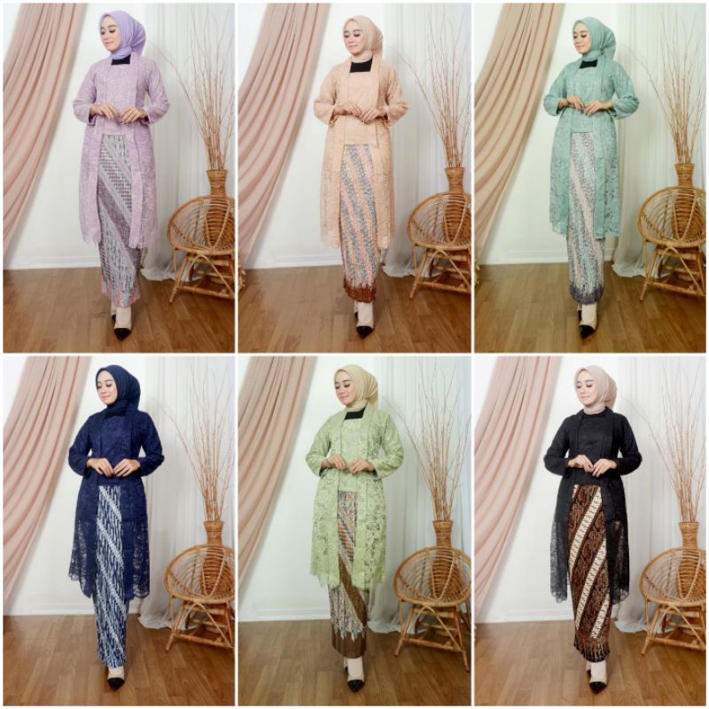 SETELAN KEBAYA PESTA KUTUBARU TUNIK BROKAT +ROK PANJANG PLISKET SIZE M-XXL LD 120
