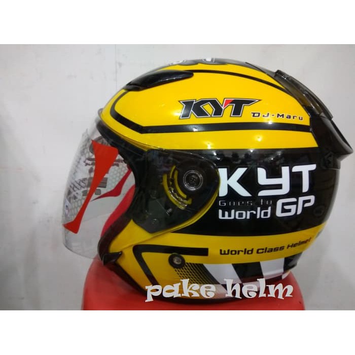 HELM KYT DJ MARU MOTIF WORLD GP #11 YELLOW GUN METAL HALF FACE DJMARU