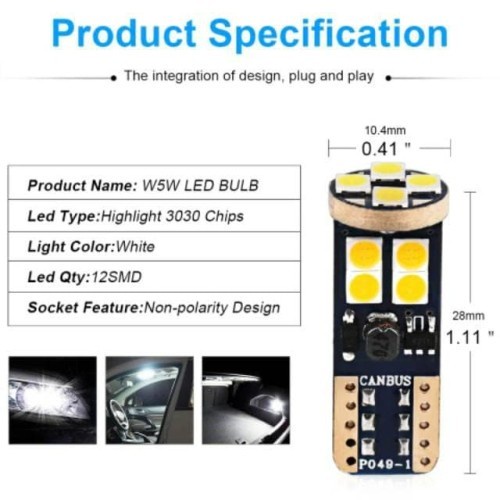 Lampu LED Mobil Motor T10 CANBUS 12 MATA ADN 3030 Senja Sein Plafon