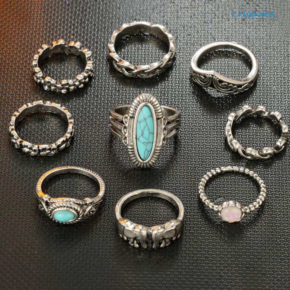 9pcs / Set Cincin Buku Jari Aneka Bentuk Warna Silver Gaya Boho Untuk Wanita