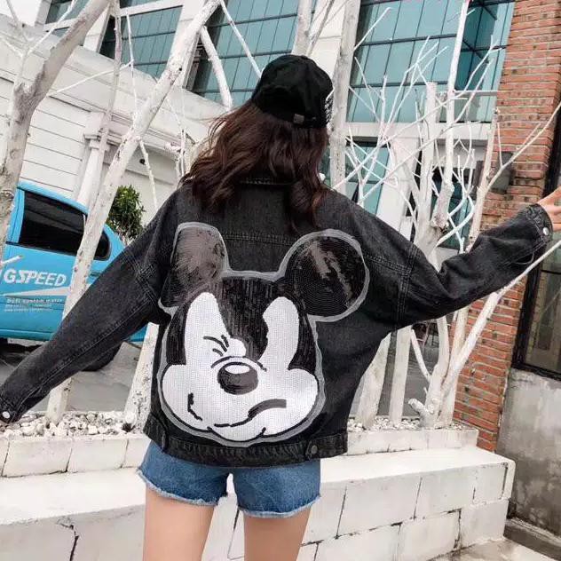JACKET JEANS WANITA SEQUIN MICKEY MOUSE - HITAM