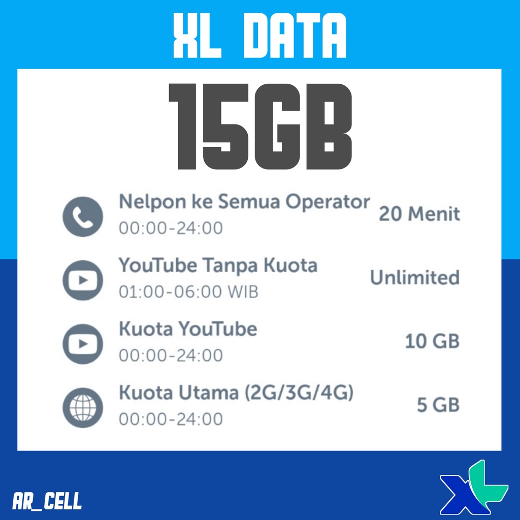Paket Internet XL Combo 15GB XL DATA KUOTA XTRA Combo 5GB + 10GB Youtube 30 Hari