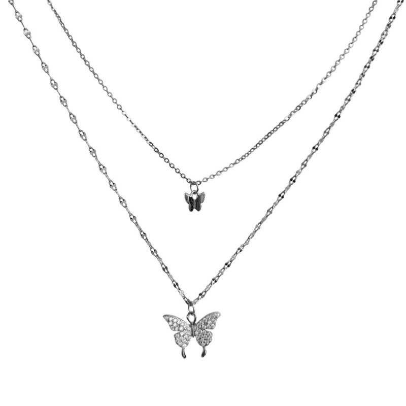 Elegant 925 Silver Shiny Butterfly Necklace Ladies Exquisite Double Layer Clavicle Chain Necklace Jewelry Jewelry Gift