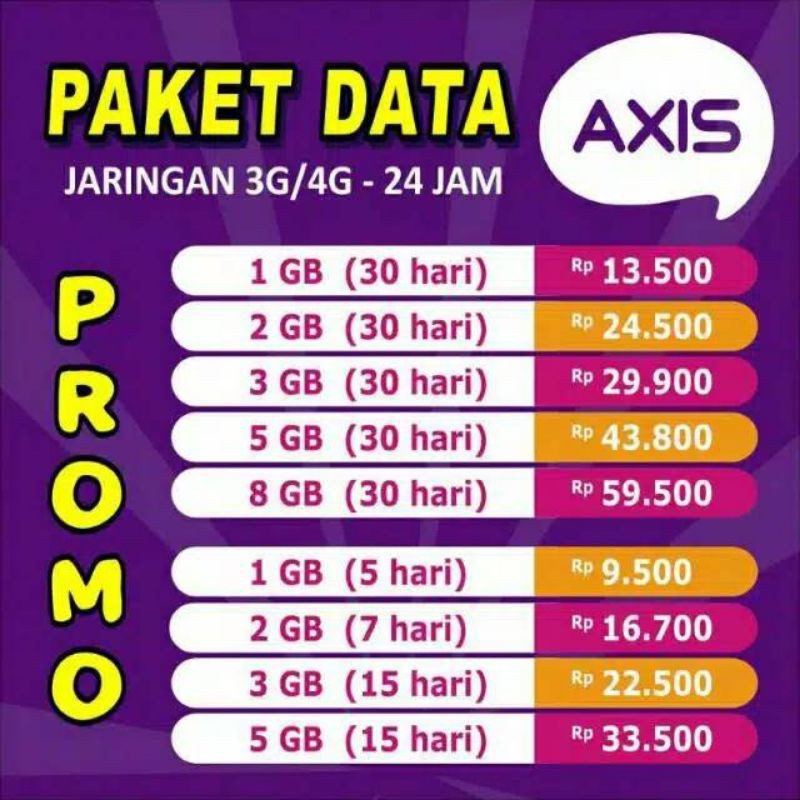 TERMURAH DATA AXIS OWSEM KUOTA AXIS BRONET VOUCHER AXIS AIGO PAKET AXIS MINI 2gb 5 HARI