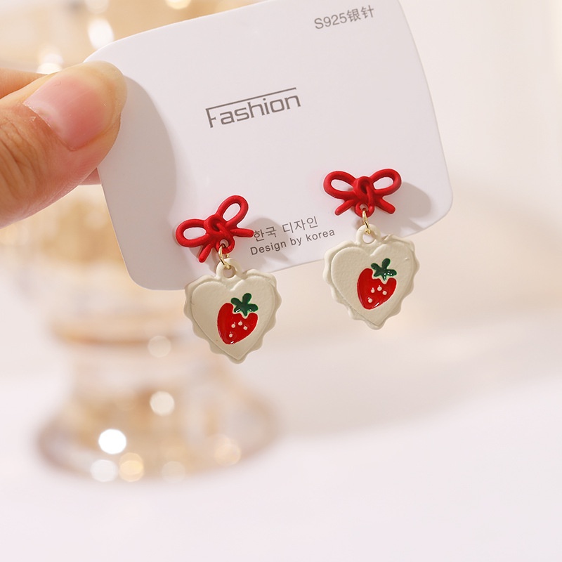 Sterling silver jarum cute Korea menyegarkan love strawberry busur manis anting-anting stud anting-a