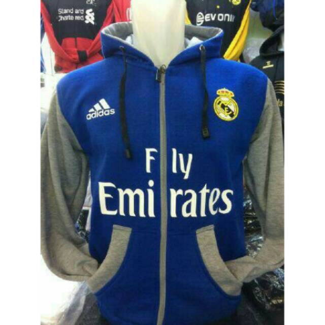 Jaket hoodie Real Madrid warba abu-abu biru terbaru musim 2016/2017