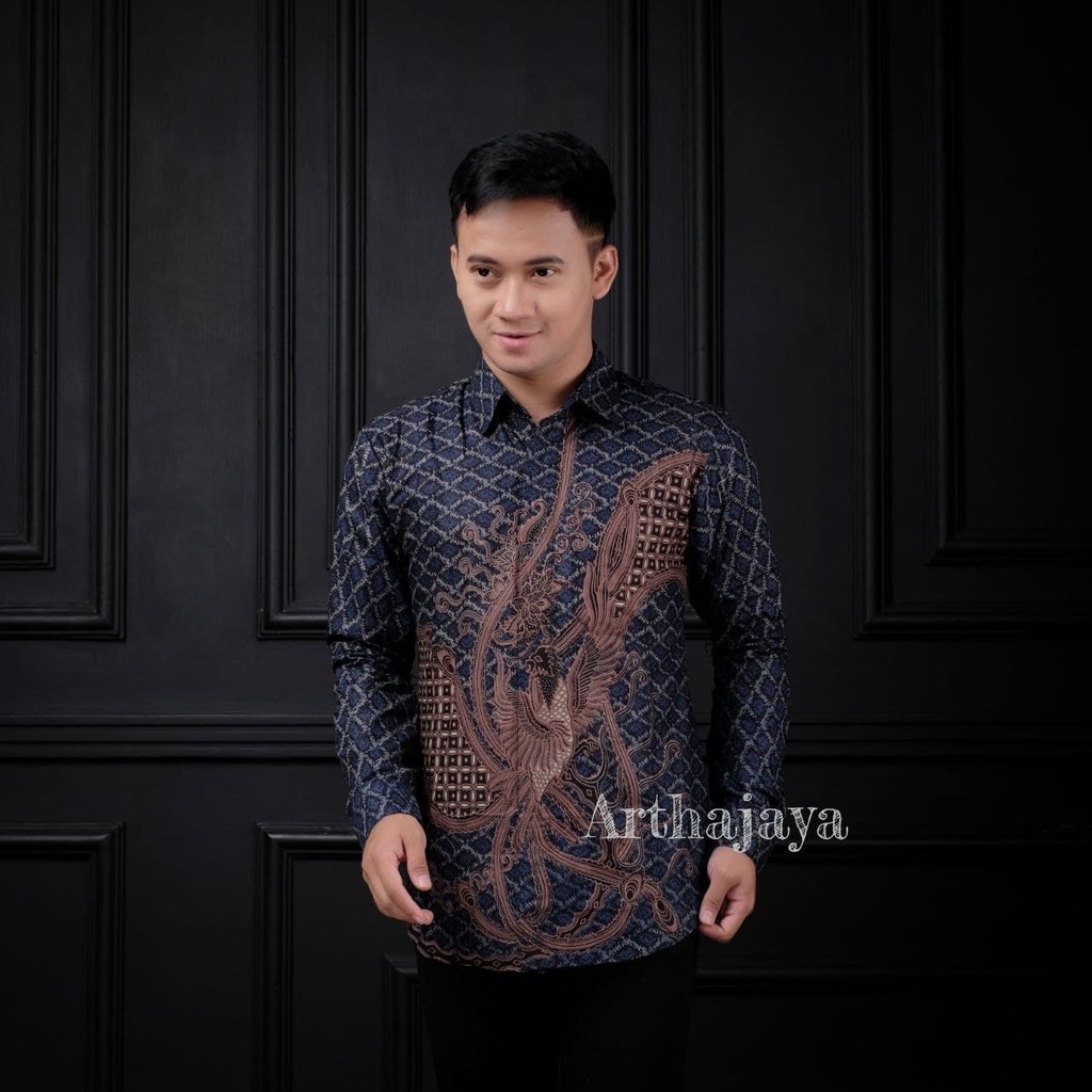 Kemeja Batik Pria Modern Lengan Panjang Casual Modis Slim Fit Trendy Masa Kini OL 162-KMJ-PONIK NAVY