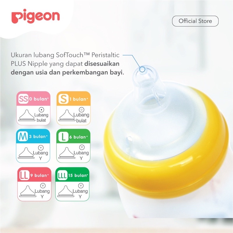 Pigeon Nipple Wide Neck LL 9M+ LLL 15M+ Dot Botol Susu Bayi Wideneck Empeng