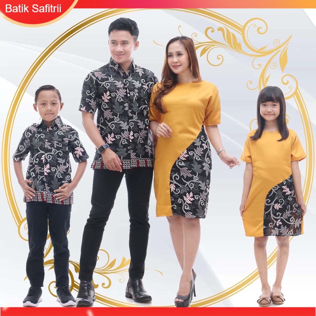 Couple Keluarga - Batik Keluarga Natal - Ibu Bapak Anak - Motif Kombinasi Moscrep Kuning - Dress Tun