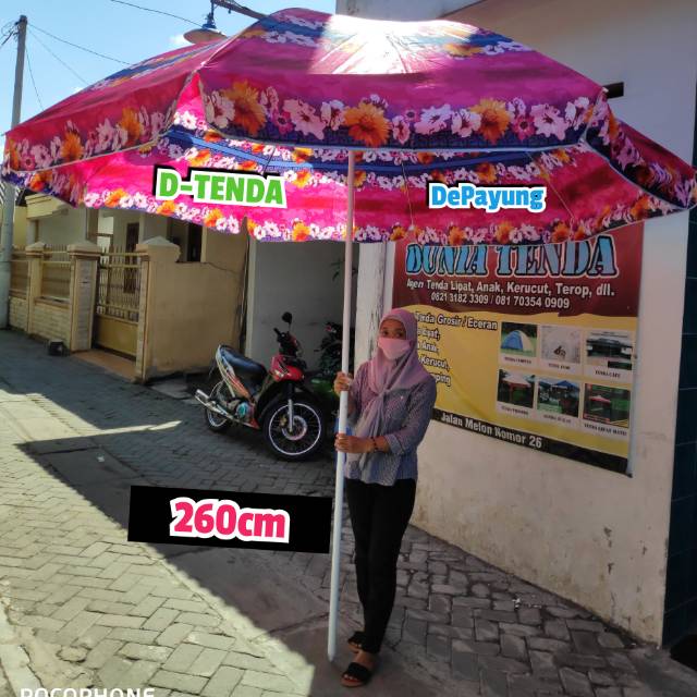 Tenda Payung Tenda/Pantai/Cafe Motif Jumbo 260cm Bahan Adem Anti UV + Tripod Kaki Payung