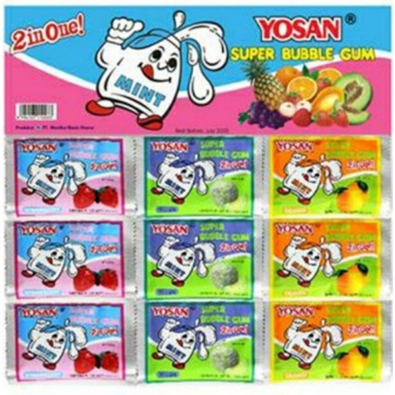 Permen Karet Yosan 2IN1 - Permen Karet Jadul - Isi 24 Pcs Varian Rasa Melon Orange Strawberry