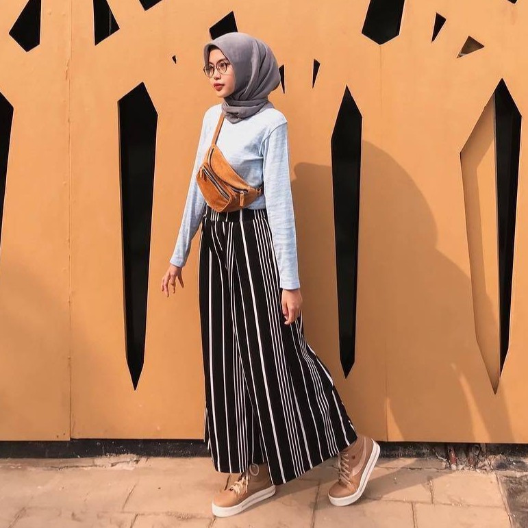 celana kulot motif WIDE STRIPE BLACK bahan crezia premium kulot panjang besar murah