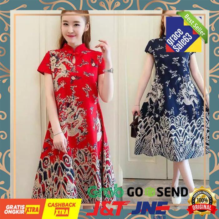 Dress Cheongsam Wanita Motif Naga Model Lengan Pendek Untuk Wanita