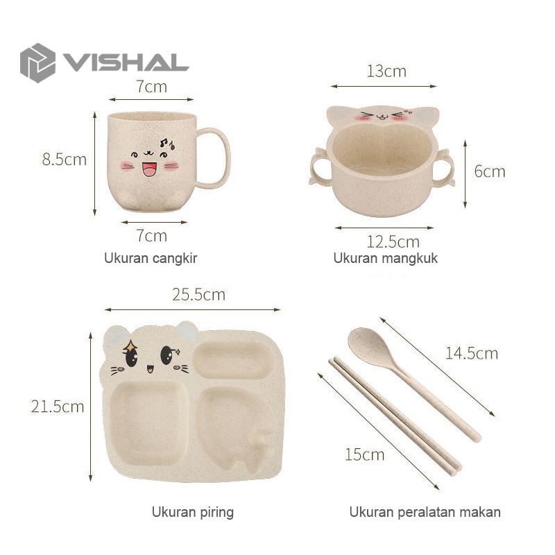 VISHAL Tempat Makan Set + Gelas + Mangkok / Tempat Sendok Garpu&amp;Amp Sumpit Piring Makan Anak Kartun