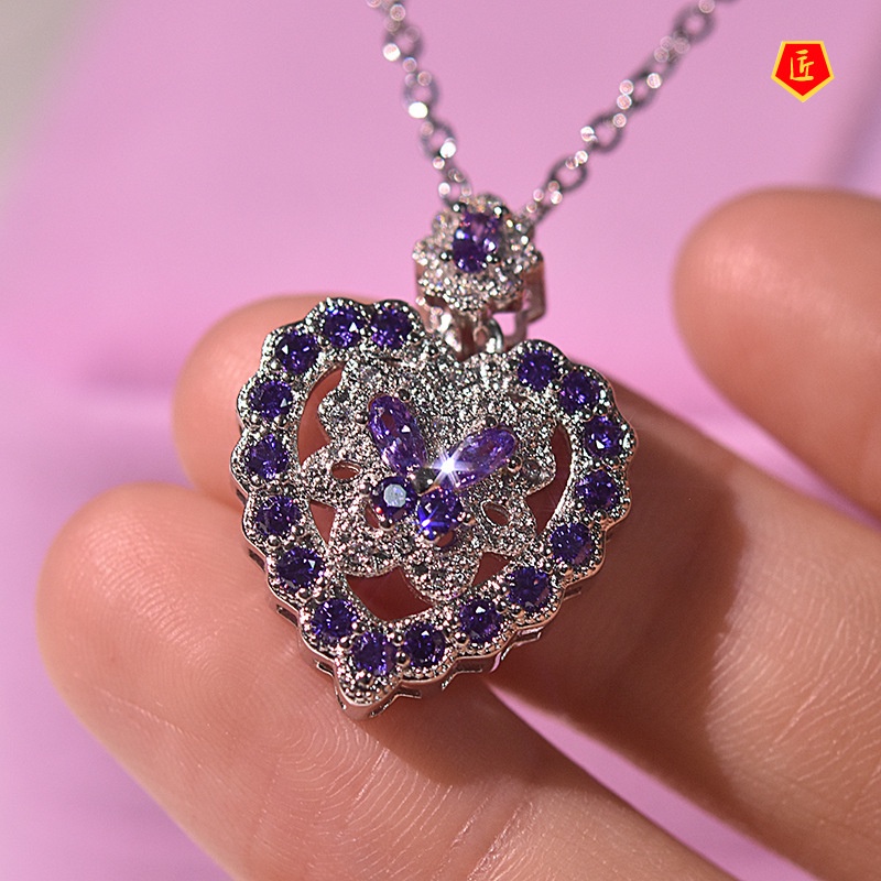 [Ready Stock]Full Diamond Amethyst Zircon Butterfly Pendant Women's Heart-Shaped Necklace