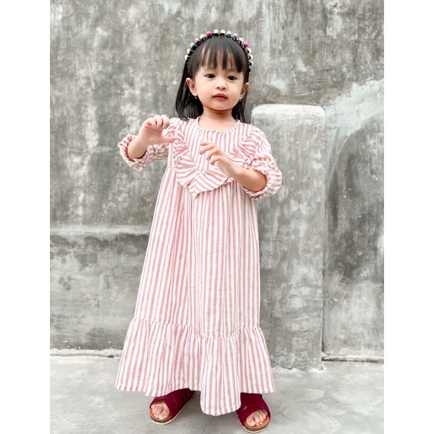 Yobebee Savina Long Dress Anak Perempuan Usia 2 3 4 6 7 Tahun Baju Gamis Anak Gaun Babydoll Korea Daster Kids Motif Stripe Garis Salur Katun Lembut Model Baju Casual Muslim Ngaji Anak Cewek