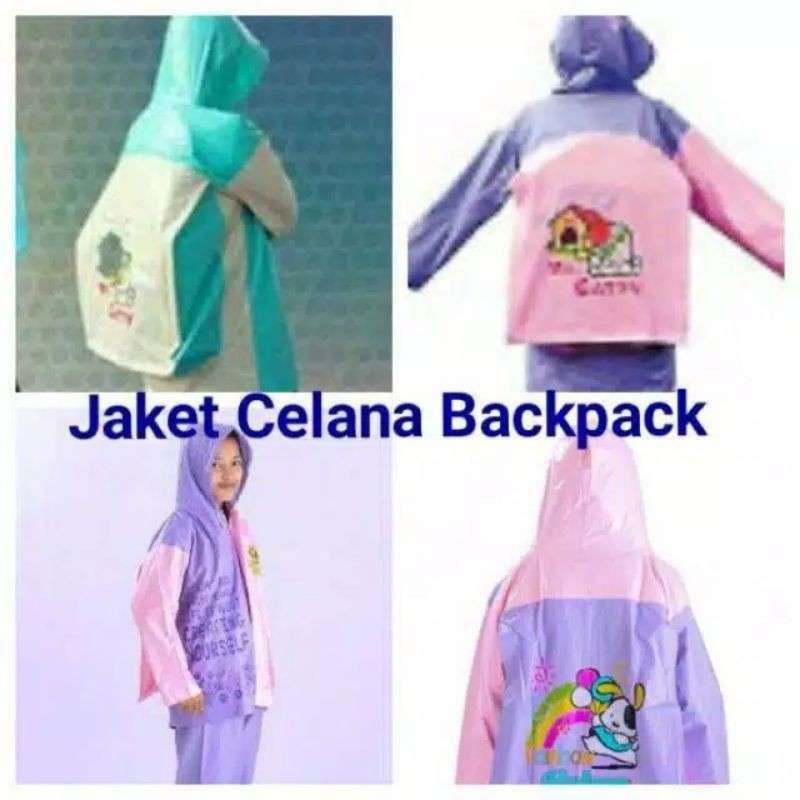 Jas Hujan Remaja ELMONDO Backpack 606 Setelan Baju Jaket Celana Tas Punggung Anak Kecil Lucu Murah