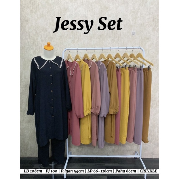 SETELAN CRINKLE JESSY SET  ONE SET SETELAN TUNIK SETCEL CRINKLE KERAH RENDA BUSUI MUSLIM