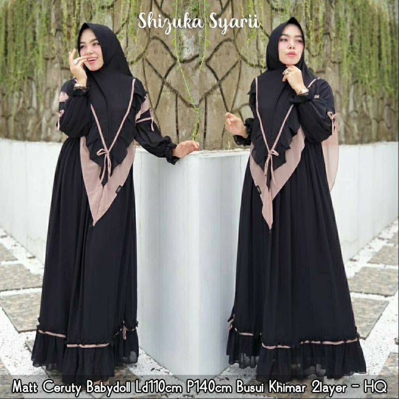 gamis syari pesta ceruty babydoll premium busui set khimar 2 layer shizuka syar'i polos ceruti