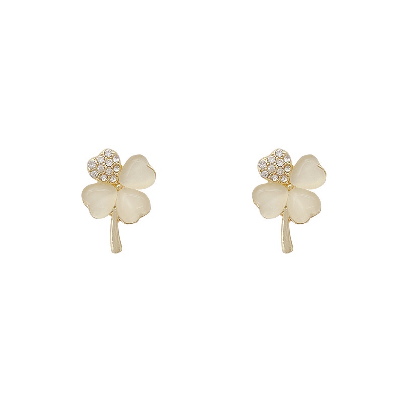 Anting Stud Desain Clover Opal Aksen Berlian Shining