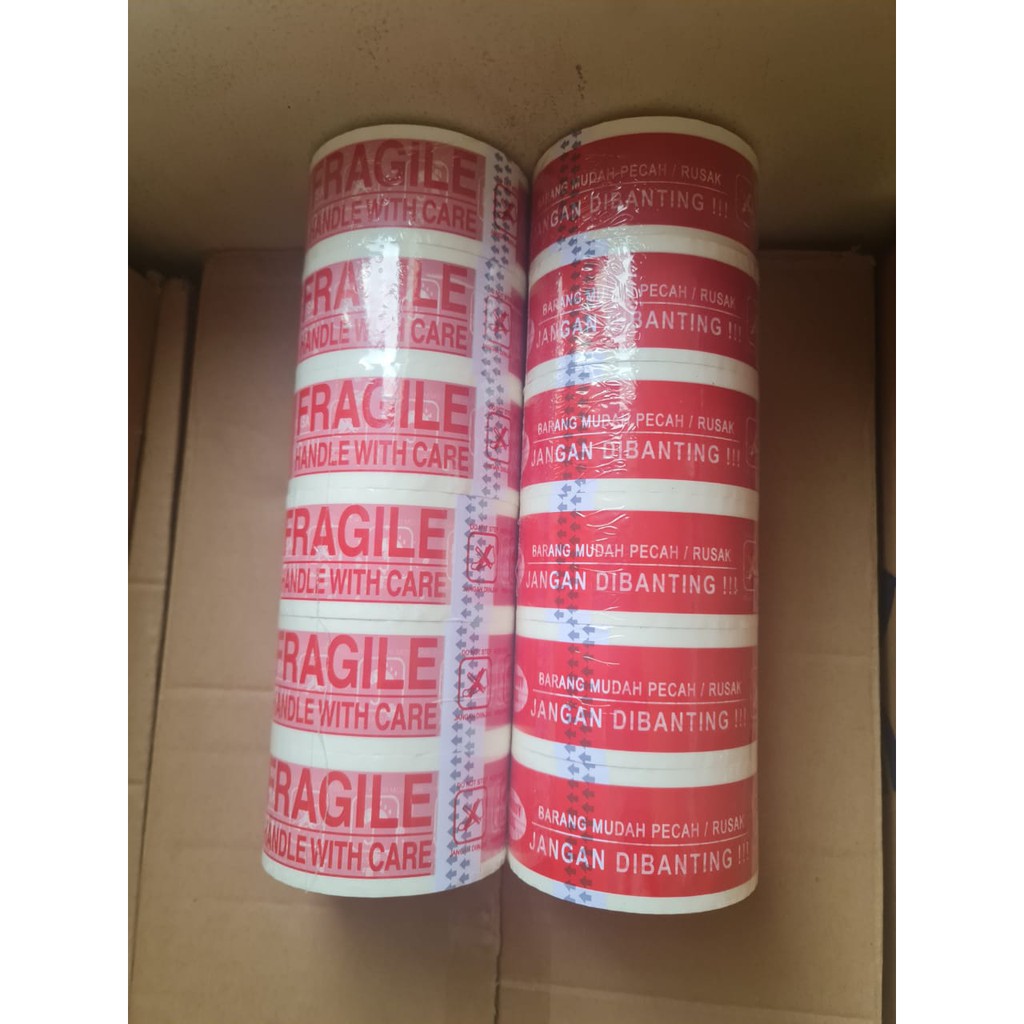 

KARTON DUS Lakban FRAGILE Putih Merah 2" inch 48 MM 72 100 yard FULL MY TAPE