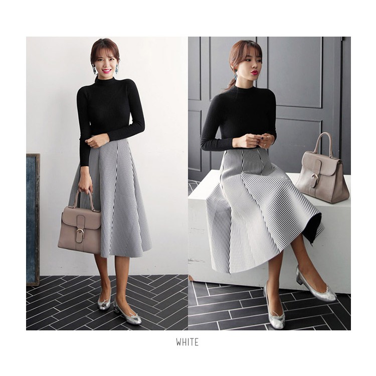 KARAKOREA 7-65 Stripe Space Cotton Skirt Rok maxi Rok midi Rok panjang Rok Kerja Rok Wanita/Rok Korea Skirt