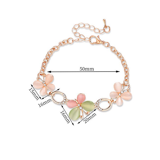 LRC Gelang Tangan Fashion Pink+green Flowers Decorated Simple Bracelet