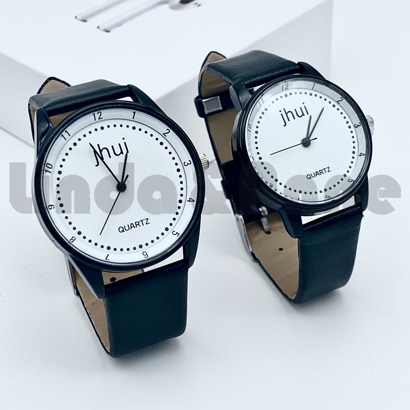 Jam Tangan Jhui Analog Quartz Pria Dan Wanita Strap Pu Hitam Casual Import