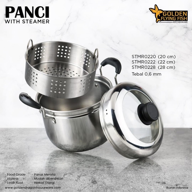 Panci + Steamer Stainless Steel | Golden Flying Fish | Kukusan Sauce Pot