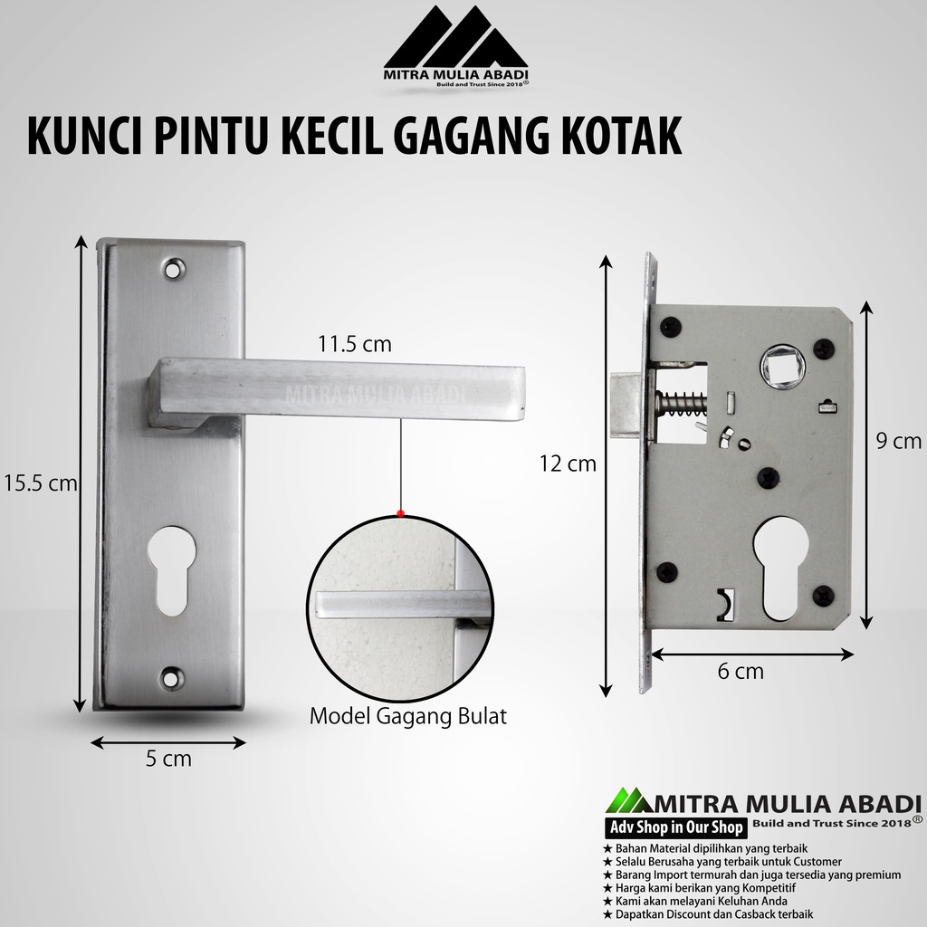 Kunci Pintu Silinder Kecil Premium / Gagang Pintu Rumah / Full Set