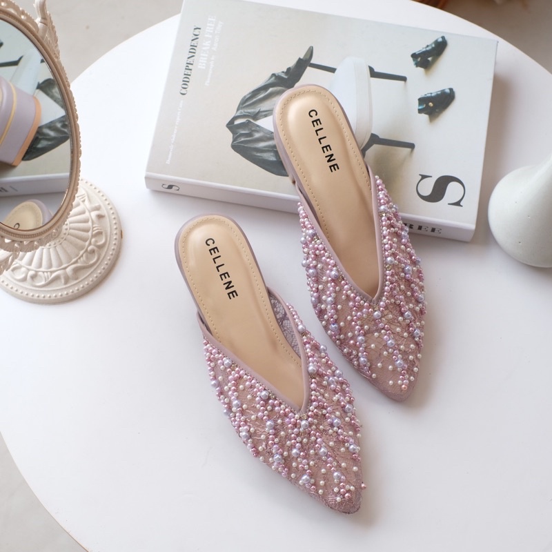 𝗖𝗘𝗟𝗟𝗘𝗡𝗘 Agypt Beads Heels 3cm (9 warna ETALASE 1) Wedding shoes selop brukat payet mutiara