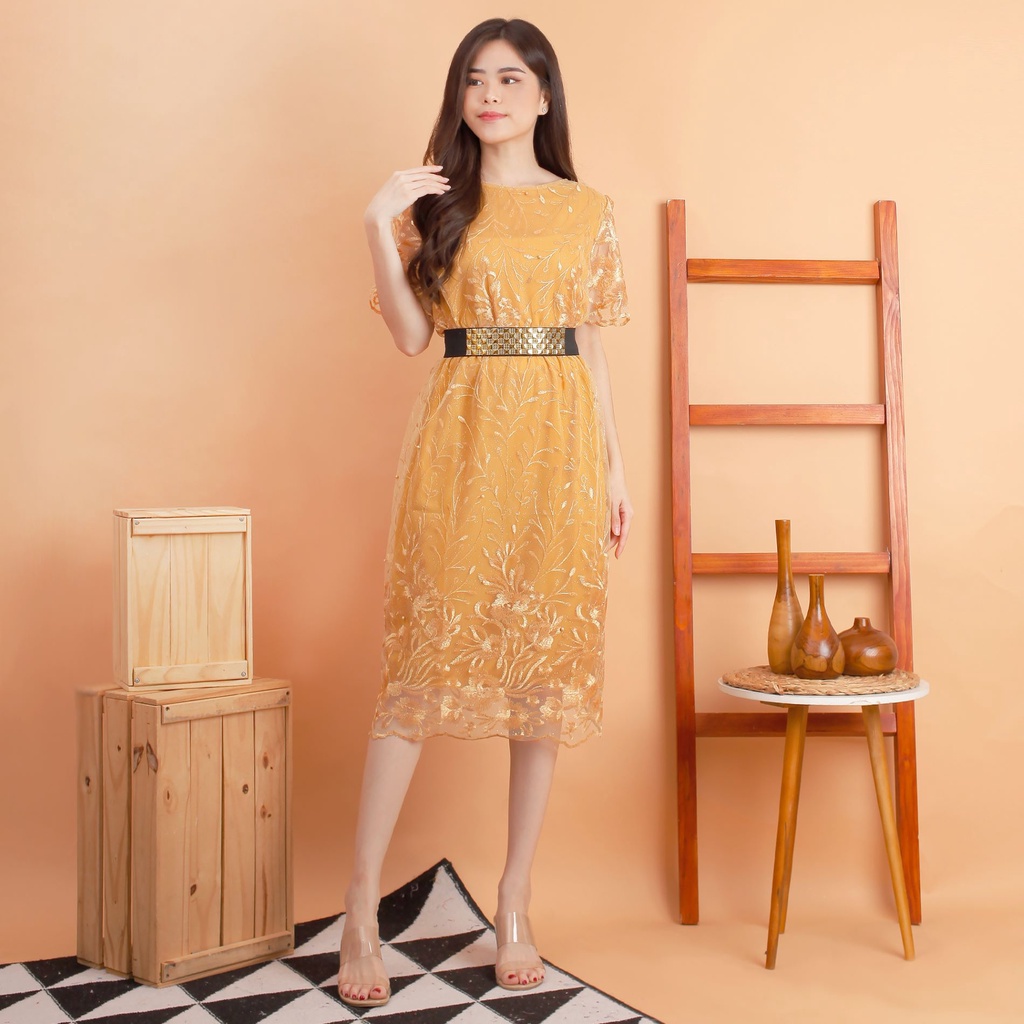 Kathryn collection # 4398, Dres tile bordir gliter mutiara dalaman furing free belt