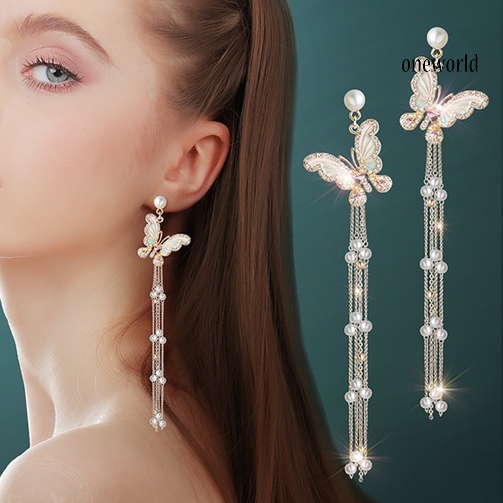 OW@ Lady Bling Rhinestone Inlaid Butterfly Long Tassel Faux Pearl Drop Stud Earrings