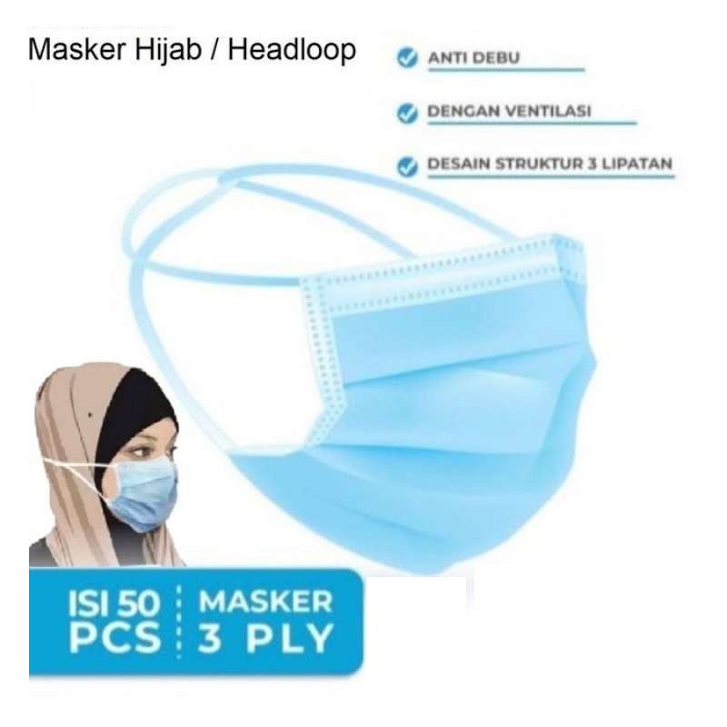 Masker 3ply Headloop 3 ply masker Hijab disposable mask 1 box isi 50pcs