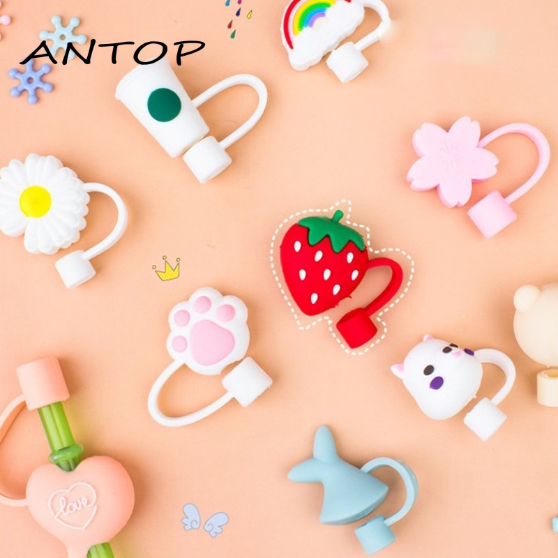 Tutup Sedotan Universal Anti Debu Reusable Bentuk Bunga Daisy/Strawberry/Telapak Hewan Bahan Silikon ANTOP