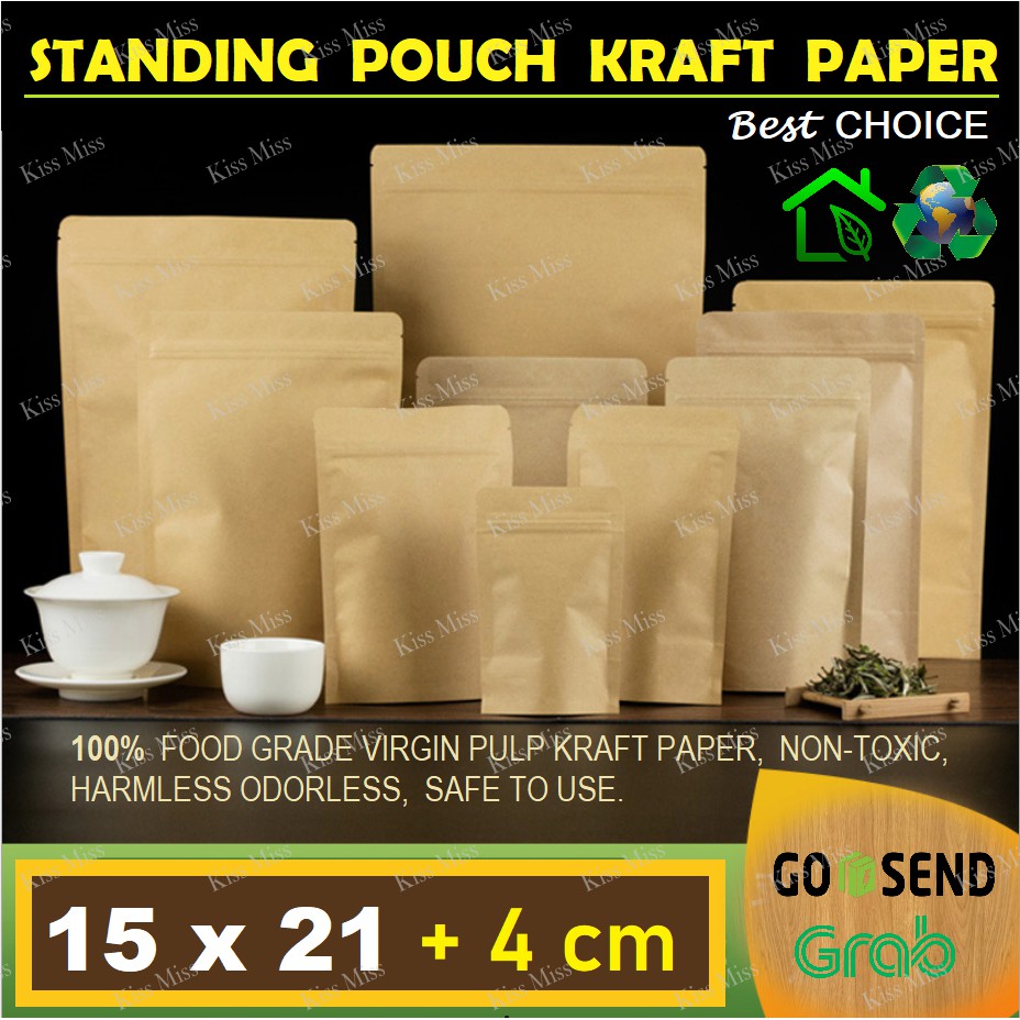 15x21 - STANDING POUCH KRAFT PAPER ALU FOIL - KEMASAN BIJI KOPI - SNACK - KERIPIK - ALUMINIUM