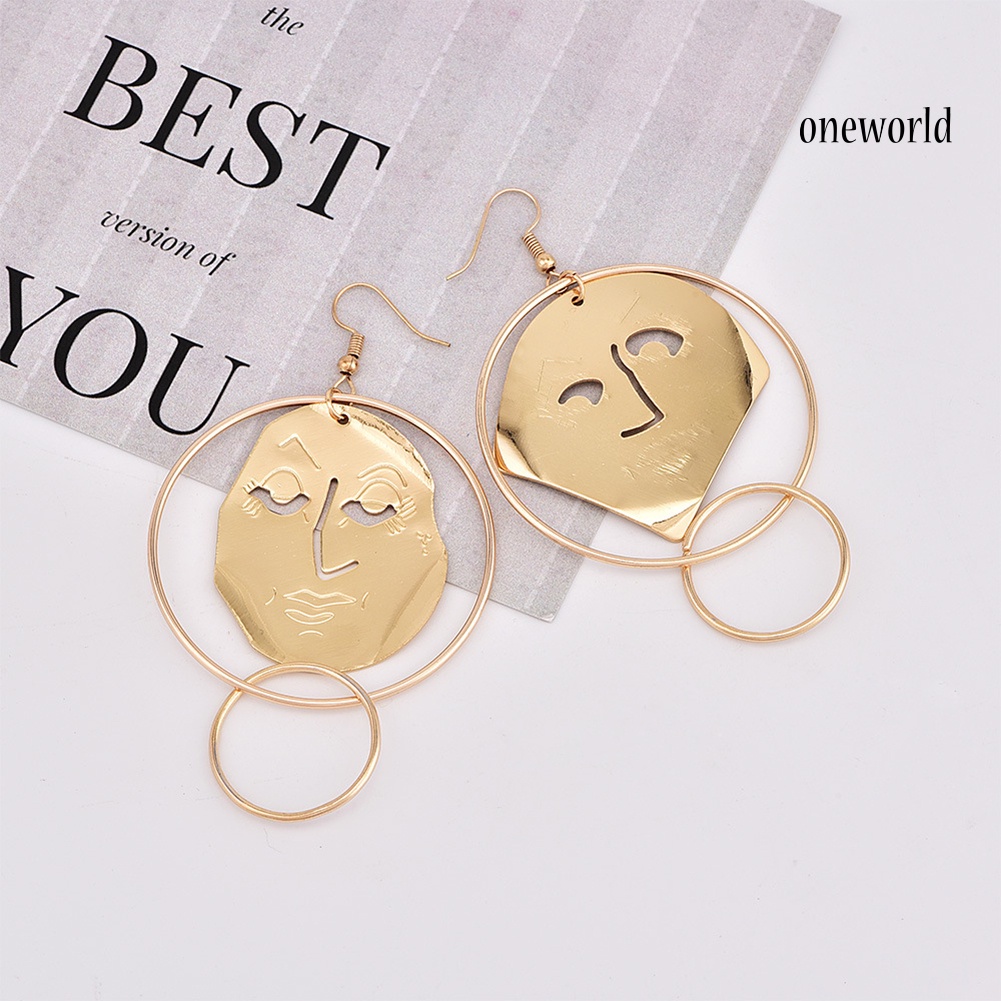 OW@ Fashion Carving Asymmetric Human Face Hoop Women Hook Earrings Jewelry Decor