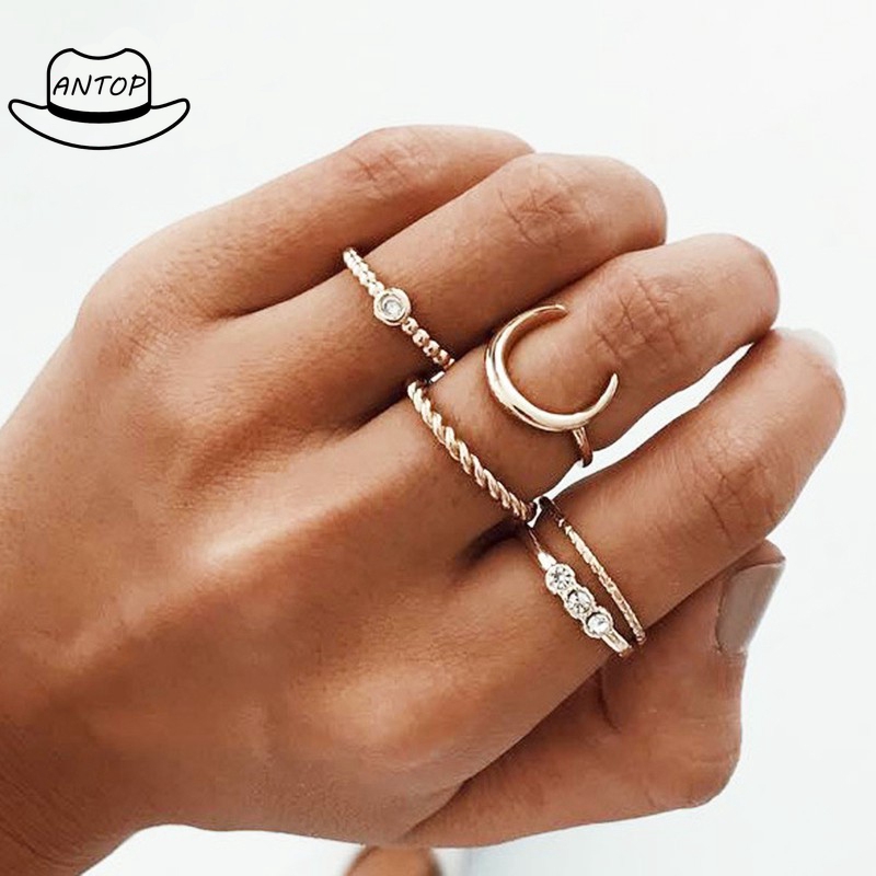 Antop！5Pcs Cincin Vintage Boho Model Stackable Bulan untuk Wanita