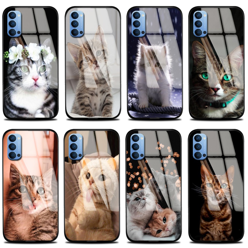 Softcase Glass Kaca Oppo Reno 4 KITTY [SF77] Case Handphone Oppo Reno 4 Case Hp-Pelindung Handphone
