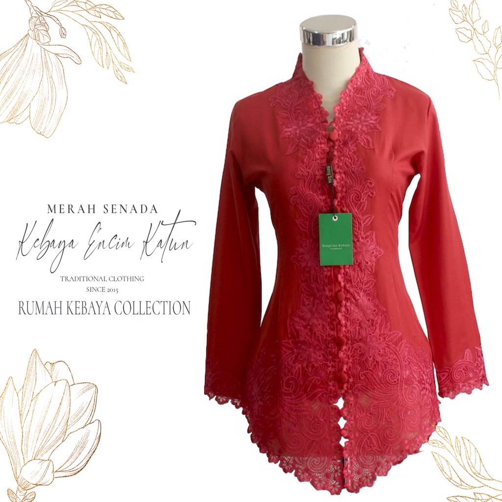 Kebaya Encim Kartini Katun Bordir Modern Merah Cabe Senada Lengan Panjang Bigsize Jumbo