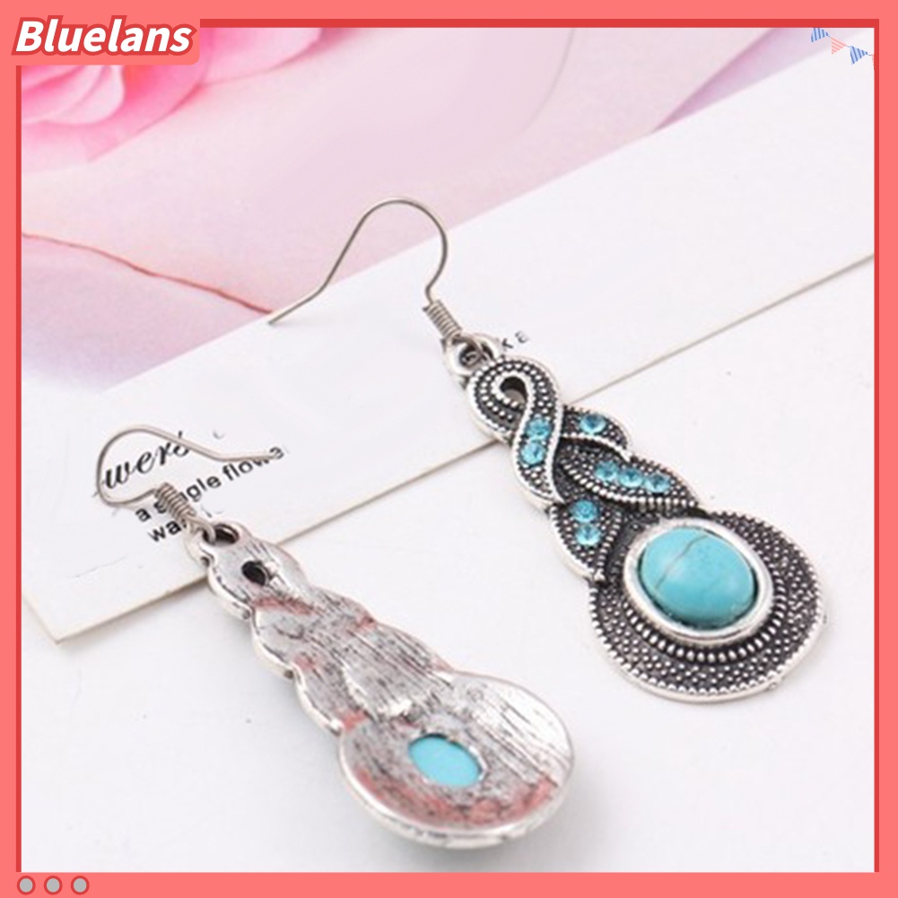 Set Perhiasan Kalung Anting Liontin Pirus Berlian Imitasi Gaya Retro Unik Untuk Wanita