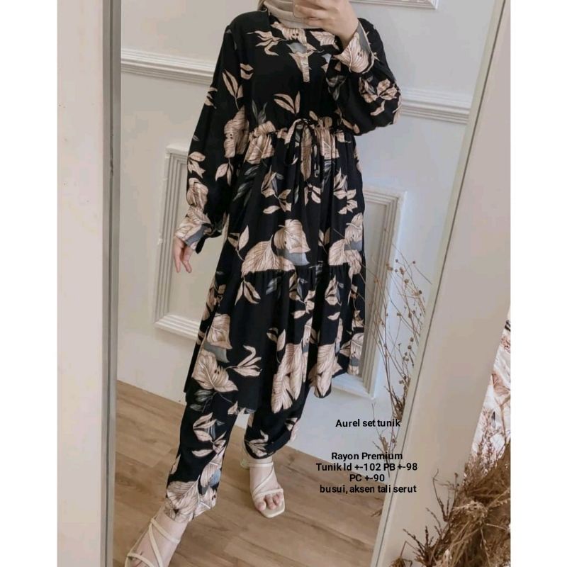 SETELAN PIYAMA WANITA PREMIUM HIGH QUALITY // LD 100 - 110 ONE SET RAYON MOTIF BARU // SET RAYON-Aurel hitam long set