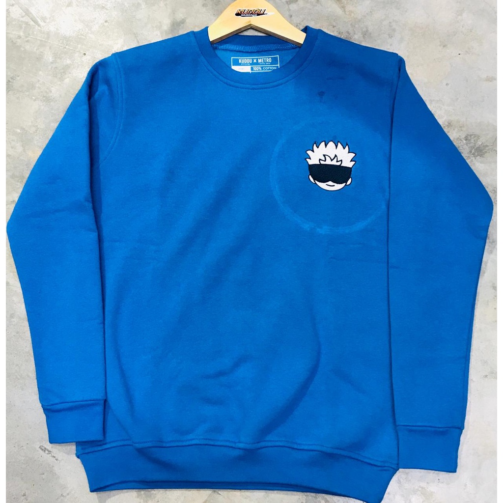 Crewneck Gojo Face Chibi Embroidery Blue Anime Manga Jujutsu Kaisen Premium Unisex